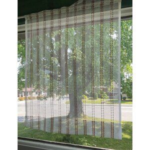 Vintage 70s mesh curtain, white, brown, orange striped net woven, single panel
